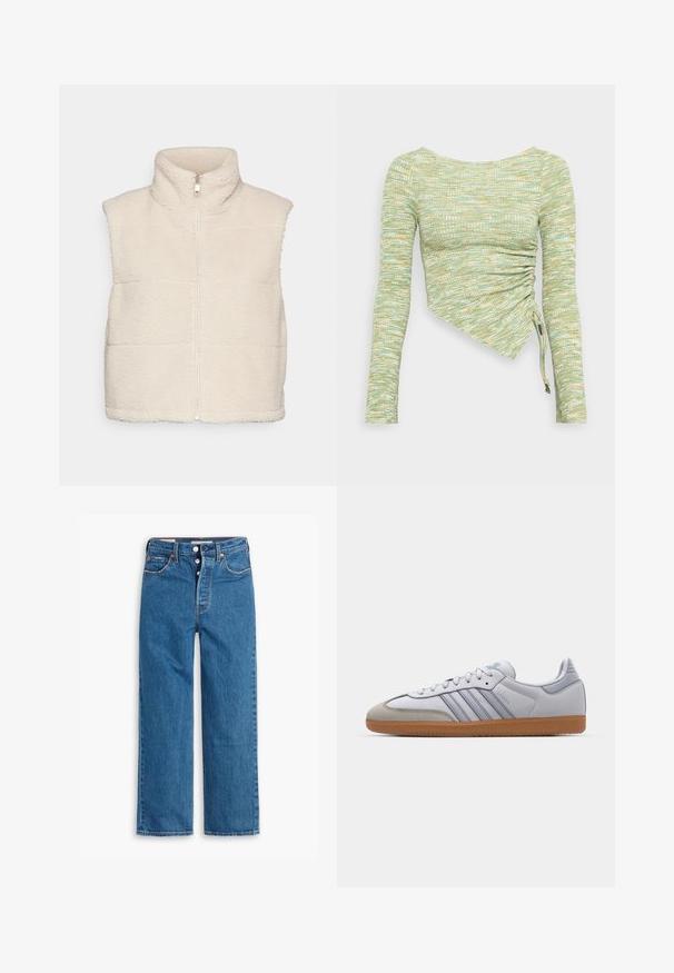 Krémszínű bolyhos mellény magas gallérral és elülső cipzárral, texturált felülettel és kontrasztos varrással. Ujjatlan kialakítás.; Hosszú ujjú felső texturált menta zöld és sárga anyagból, aszimmetrikus szabással, oldalsó ráncolással és megkötőkkel az alján.; Kék farmer egyenes szárú nadrág, magas derékkal, öt zsebes kialakítással és gombos résszel. Figyelemfelkeltő varrás és rézszínű szegecsek jellemzik.; Fehér bőr sportcipők világoskék részletekkel, szürke velúr orral és barna gumitalppal. Három kék csíkkal és "Samba" felirattal rendelkezik.