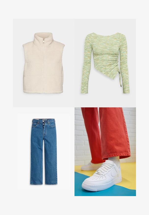 Gilet en polaire couleur crème avec un col montant et une fermeture éclair à l'avant, présentant une surface texturée et des coutures contrastantes. Design sans manches.; Haut à manches longues en tissu texturé vert menthe et jaune, avec une coupe asymétrique, des fronces sur le côté et des liens au niveau de l'ourlet.; Jeans en denim bleu à jambe droite avec une taille haute, design à cinq poches et zip à bouton. Couture visible et rivets en ton cuivre.; Baskets blanches en cuir avec une boîte à orteils perforée, semelle texturée et lacets blancs, associées à un large pantalon rouge et un fond bleu et jaune.