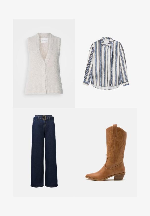 Svetlo bež brezrokavnik iz pletenine z V-izrezom, teksturirano površino in sprednjim gumbom. Tkanina izgleda mehka in udobna. Oznaka blagovne znamke je vidna.; Srajca na gumb z navpičnimi črtami v odtenkih modre, črne in bele barve. Narejena iz gladkega blaga s klasičnim ovratnikom in gumbom za zapiranje.; Temno modri široki jeans hlače z našitimi žepi in usklajenim pasom, ki ima velik pravokoten zlat zaponko.; Rjavi usnjeni kauboj čevlji s koničastim nosom, vezenimi vijugastimi vzorci na zgornjem delu in zloženim kvadratnim peto. Imajo zanko za enostavno obuvanje.