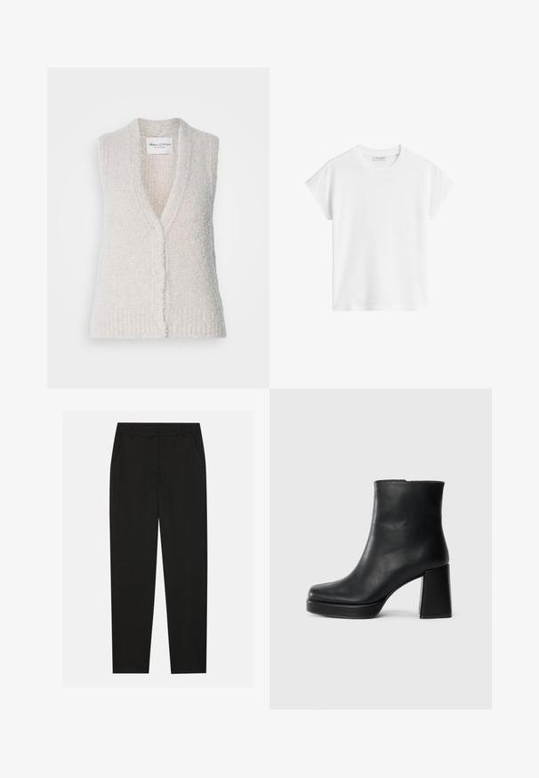 Colete de malha sem mangas em bege claro, com decote em V, acabamento texturizado e fecho frontal com botões. O tecido parece suave e acolhedor. Etiqueta da marca visível.; T-shirt branco de manga curta feito de algodão. Apresenta um corte descontraído com decote redondo e costuras de ombro ligeiramente caídas. Sem padrões ou detalhes.; Calças pretas com um design ajustado, apresentando bolsos laterais e pernas retas. Feitas de um tecido suave e leve com um acabamento elegante.; Bota de couro preta até ao tornozelo com salto bloco e sola com plataforma, vista de lado sobre um fundo branco liso.