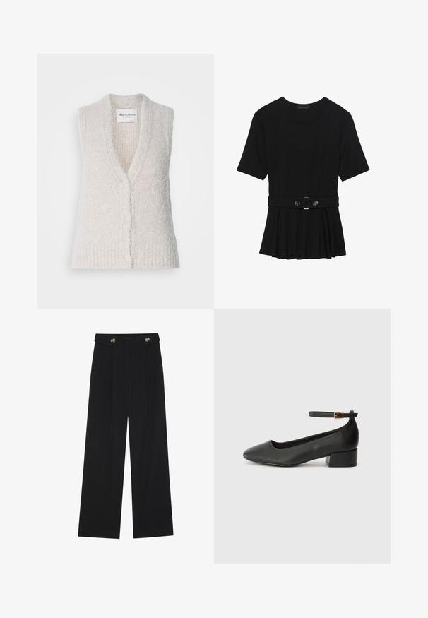 Light beige sleeveless knit vest with a V-neck, textured finish, and front button closure. Fabric appears soft and cozy. Brand label visible.; Black short-sleeve top made of smooth material, featuring a peplum design and a belted waist with two round, silver-tone buttons.; Black wide-leg trousers with high waist, button details on waistband, and front pleats.; Black leather pump with a pointed toe and a low block heel. Features an ankle strap with a gold-tone buckle. Smooth texture.