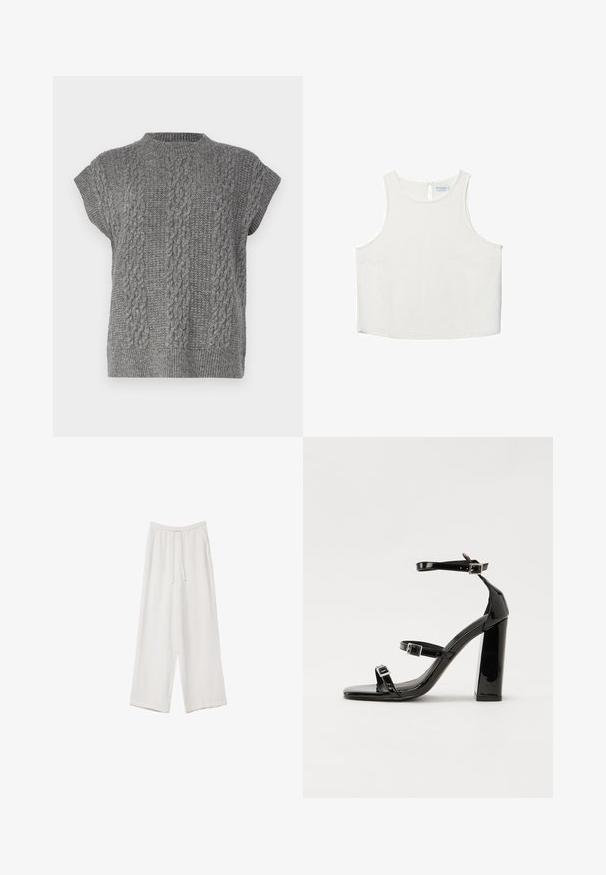 Selected Femme SLFELINA szary melanż; Biała bezrękawnik z okrągłym dekoltem, z delikatną teksturą, z tylnym wycięciem w kształcie klucza oraz prostym wykończeniem dołu.; Białe spodnie o szerokich nogawkach wykonane z lekkiego materiału. Posiadają elastyczny pas z sznurkiem i boczne kieszenie. Gładka tekstura.; Czarne lakierowane sandały na obcasie z kwadratowym noskiem, z paskami wokół kostki i srebrnymi klamrami. Posiadają masywny słupek dla stabilności.