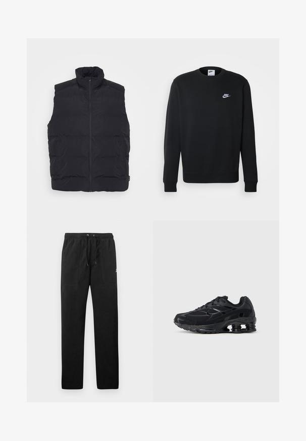 Fekete steppelt mellény magas gallérral, elől cipzárral és oldalsó zsebekkel. Simább textúrájú, steppelt dizájn a szigetelésért.; Fekete pulóver puha anyagból, kerek nyakkivágással, hosszú ujjakkal, bordázott mandzsettákkal és egy kis fehér Nike logóval a mellkason.; Fekete, bolyhos anyagú melegítők, elasztikus derékkal és húzózsinórral, két elülső zsebbel és egy kisméretű logóval a combján.; Fekete sportcipő hálós felsőrésszel, párnázott szegéllyel és kiemelkedő párnázási technológiával a saroknál. Texturált díszítésekkel és fűzőkkel rendelkezik.