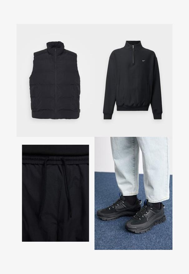Gilet imbottito nero con colletto alto, zip anteriore e tasche laterali. Tessuto liscio con design trapuntato per isolamento.; Felpa nera con colletto alto e zip, maniche lunghe, tasche laterali e vita elastica. Presenta un piccolo logo Nike bianco sul petto.; Shorts neri con vita regolabile tramite coulisse, tessuto leggero con una texture liscia e un design semplice senza loghi o motivi visibili.; Scarpe sportive nere con tessuto testurizzato e suole in gomma, dotate di lacci elastici e un accento blu sul tallone. Indossate con pantaloni in denim chiaro.