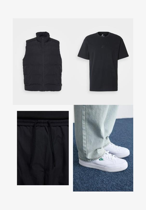 Fekete steppelt mellény magas gallérral, elől cipzárral és oldalsó zsebekkel. Simább textúrájú, steppelt dizájn a szigetelésért.; Fekete pamut póló Nike márkájú, klasszikus, kerek nyakú, rövid ujjú, és letisztult, dombornyomott logóval a mellkason. Simább textúra.; Fekete rövidnadrág, húzózsinórral ellátott derékrésszel, könnyű anyagból, sima felszínen, egyszerű dizájnnal, látható logók vagy minták nélkül.; Fehér bőr sportcipők zöld Nike logóval, kerek orral, lapos talppal, világoskék farmernadrággal párosítva, kék szőnyegen bemutatva.