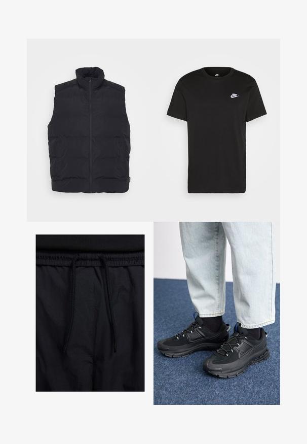 Mustavilla puffertakeilla on korkea kaulus, etuvetoketju ja sivutaskut. Sileä tekstuuri ja tikattu muotoilu eristykseen.; Mustapaita, jossa on lyhyet hihat, pyöreä kaula-aukko ja pieni valkoinen Nike-logo vasemmassa ylärinnassa. Sileä rakenne. Klassinen malli.; Mustat shortsit, joissa on naru vyötäröllä, kevyestä kankaasta valmistettu, sileä tekstuuri ja yksinkertainen muotoilu ilman näkyviä logoja tai kuvioita.; Mustat urheilukengät, joissa on teksturoitu kangas ja kumipohjat, elastiset nauhat ja sininen yksityiskohta kannassa. Yhdistetty vaaleisiin farkkuihin.