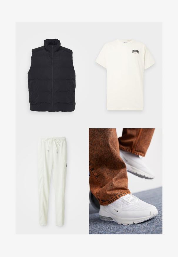 Gilet imbottito nero con colletto alto, zip anteriore e tasche laterali. Tessuto liscio con design trapuntato per isolamento.; T-shirt in cotone color crema con maniche corte, con la scritta "NIKE SB" in nero e rosso sul petto. Collo tondo standard.; Pantaloni jogger slim-fit bianchi con vita elasticizzata e cordino, caratterizzati da dettagli sulle cuciture laterali e un piccolo patch nero sulla gamba destra.; Nike Sportswear PULSE - Sneakers basse - white/summit white