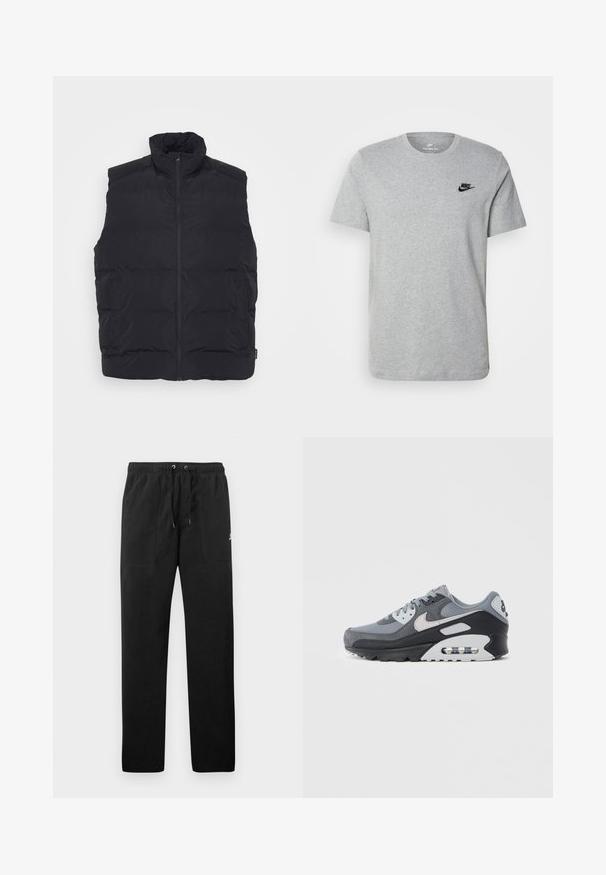 Zwarte puffer vest met hoge kraag, ritssluiting aan de voorkant en zijzakken. Gladde textuur met een doorgestikt ontwerp voor isolatie.; Grijze T-shirt met korte mouwen van katoen, voorzien van een zwart Nike-logo op de borst en een ronde halslijn. Minimalistisch ontwerp zonder patronen.; Zwarte sweatpants van fleece, met een elastische tailleband met trekkoorden, twee voorzakken en een klein logo op de dij.; Grijze sneaker met een mix van mesh en suède materialen, met een zwarte zool en zichtbare luchtunit. Opvallende lichtgrijze accenten en veters.