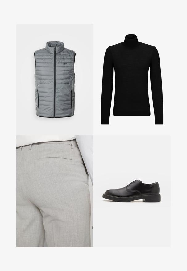 BOSS THOR - Γιλέκο - dark beige; Μαύρο πουλόβερ σταυρωτό λαιμό, φτιαγμένο από μαλακό υλικό, με μακριά μανίκια και εφαρμοστή γραμμή. Ριγωτή λεπτομέρεια στο τελείωμα και στους καρπούς. Απλός σχεδιασμός.; Ανοιχτό γκρι, ραμμένο παντελόνι από υφή ύφασμα, με μία τσέπη στο πίσω μέρος και καθαρή ραφή.; Μαύρο δερμάτινο παπούτσι με κορδόνια, με στρογγυλή μύτη, λεία υφή, ελάχιστη ραφή και χαμηλή καουτσούκ σόλα. Λογότυπο στη σόλα.