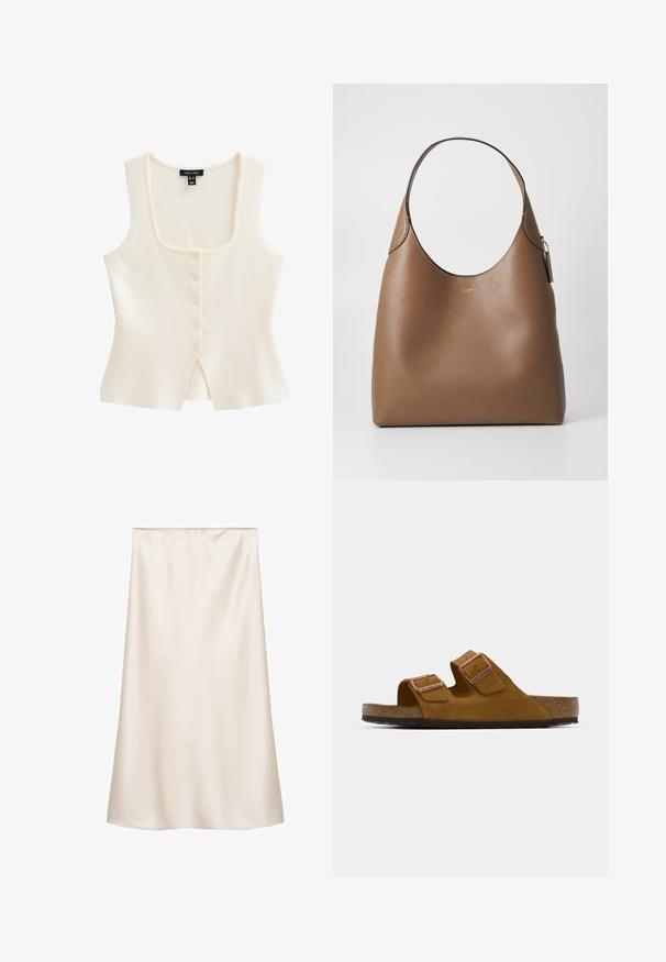 Top senza maniche color crema con scollatura quadrata, cinque bottoni frontali e una piccola fessura al centro nella parte inferiore. Tessuto morbido.; Top halter marrone realizzato in tessuto liscio e testurizzato, con un corpo aderente e spalline larghe che si collegano al collo e alla schiena.; Gonna midi in satin bianco sporco, taglio dritto con vita elastica, texture liscia e senza motivi o dettagli visibili.; Infradito in suede marrone con due cinturini regolabili, plantare in sughero e suola in gomma testurizzata. Design minimalista senza ulteriori decorazioni.; Borsa tote in pelle marrone con una texture liscia, aperture ampia e un'unica tracolla. Presenta un logo dorato e un piccolo etichetta pendente.