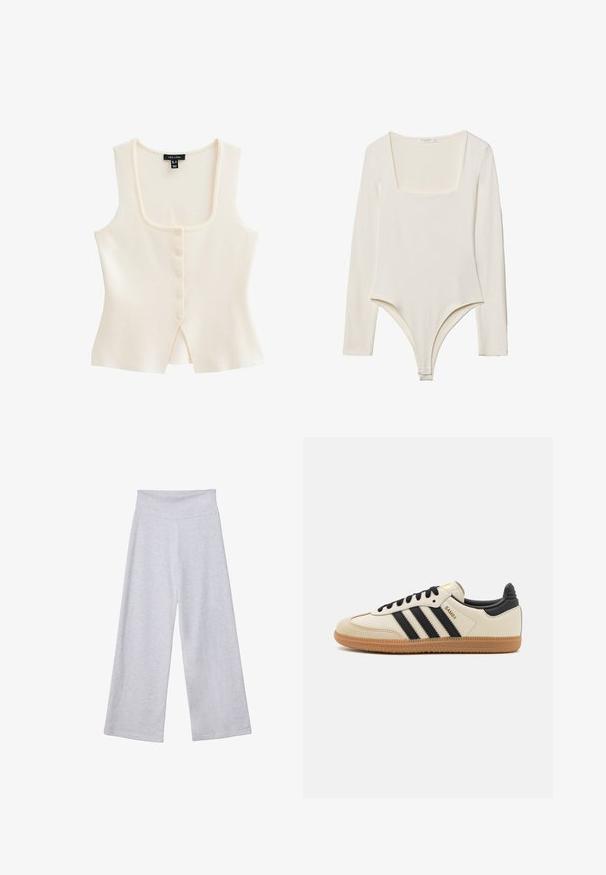 Cremfarbener ärmelloser Top mit quadratischem Ausschnitt, fünf vorderen Knöpfen und einem kleinen Schlitz in der Mitte am unteren Ende. Weiche Stofftextur.; Langärmliger Bodysuit in hellem Creme mit quadratischem Ausschnitt, glatter Textur und Druckknöpfen im Schritt für einfaches Anziehen.; Helle graue, weit geschnittene Hose mit hohem Bund. Hergestellt aus weichem Stoff, mit glatter Textur und lockerer Passform für maximalen Komfort.; Beige Sport Schuh mit schwarzen Streifen, Gummisohle und schwarzen Akzenten. Verfügt über ein Obermaterial aus glattem Leder und ein rundes Zehendesign.