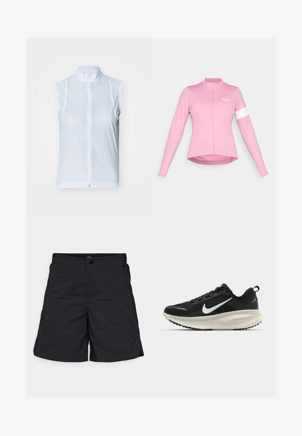 Vest fără mâneci, de culoare albastră deschisă, cu guler înalt și fermoar frontal. Fabricat dintr-un material neted cu cusături albe, având un design ajustat.; Jachetă de ciclism roz cu mâneci lungi, guler înalt, fermoar frontal și o bandă albă de accent pe mâna stângă. Logo-ul brandului pe partea stângă a pieptului.; Shorts negri dintr-un material ușor, având închidere cu nasture și două buzunare laterale. Design simplu, cu linii curate și detalii minime.; Pantofii de alergare negri de la Nike, cu parte superioară din plasă respirabilă, logo-ul alb Swoosh, detalii texturate și o talpă intermediară ZoomX de culoare crem.