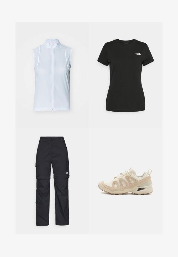 Gilet senza maniche azzurro chiaro con colletto alto e zip frontale. Realizzato in un tessuto liscio con cuciture bianche, presenta un design aderente.; T-shirt in cotone nero con collo a giro e maniche corte. Logo bianco ben visibile sulla parte superiore sinistra. Tessuto liscio, vestibilità casual.; Pantaloni cargo in nylon nero con zip rimovibile, polsini regolabili, molteplici tasche e un logo sulla gamba destra. Tessuto liscio e leggero.; Scarpa atletica beige e crema con tomaia in mesh testurizzato, sovrapposizioni supportive e suola in gomma con un motivo a tasselli per la trazione.