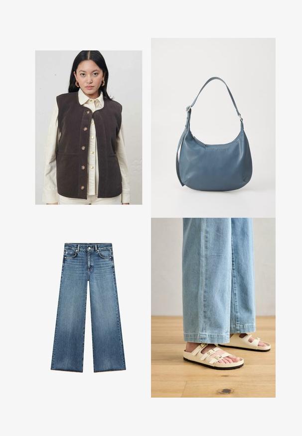 LABDIP - Kamizelka; Massimo Dutti - Top; Jasnoniebieskie jeansy o szerokich nogawkach wykonane z denimu, z wysokim stanem, pięcioma kieszeniami, kontrastowym wykończeniem szwów oraz postrzępionym dołem.; Jasne kremowe sandały z trzema regulowanymi paskami, złotymi klamrami i teksturowaną czarną podeszwą, zestawione z jasnoniebieskimi dżinsowymi szerokimi spodniami.; Niebieska skórzana torebka o zaokrąglonym kształcie, z jedną rączką na ramię, zamykana na zamek błyskawiczny, z wytłoczonym logo na przodzie. Gładka faktura.