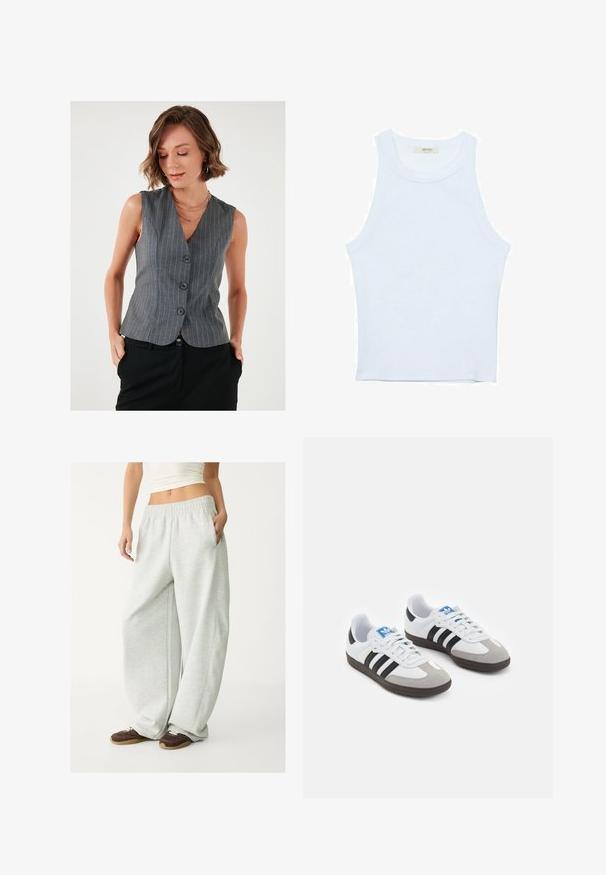 LELA REGULAR FIT - Weste - grey white; Weißes Tanktop, gerippte Textur, runder Ausschnitt, ärmelloses Design, enganliegende Form, dezente Markenkennzeichnung im Etikett im Kragenbereich.; Hellgraue Sweatpants mit einem elastischen Bund, Seitentaschen und lockerem Schnitt. Hergestellt aus weichem, strukturiertem Stoff; verfügt über dezente Nähte.; Sportschuhe mit einem Obermaterial aus weißem Leder, grauer Wildleder-Zehenkappe und drei schwarzen Streifen. Sie verfügen über ein blaues Logo auf der Zunge und eine strukturierte Gummisohle.