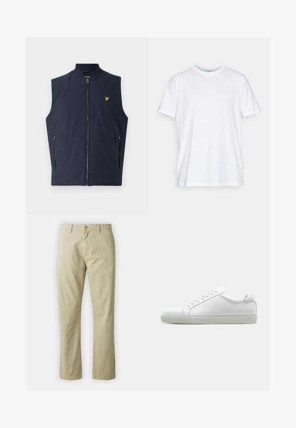 Marineblauw mouwloos vest met ritssluiting aan de voorkant, twee zijzakken en een klein geel vogel-logo op de borst. Gemaakt van een glad, lichtgewicht materiaal.; Witte katoenen t-shirt met korte mouwen, ronde ronde hals en een relaxed fit. Heeft een minimalistisch ontwerp, zonder patronen of accenten.; Beige katoenen broek met een recht ontwerp, knoopsluiting aan de voorkant en riemlussen. Gladde textuur, geen zichtbare patronen of accenten.; Witte sneaker met een gladlederen bovenwerk en een laag profiel. Voorzien van een ronde neus, zes vetergaatjes en een gestructureerde rubberen zool.