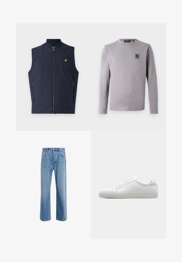 Marineblaue ärmellose Weste mit Frontreißverschluss, zwei Seitentaschen und einem kleinen gelben Vogel-Logo auf der Brust. Hergestellt aus glattem, leichtem Material.; Graues Langarm-T-Shirt aus weicher Baumwolle. Verfügt über einen Rundhalsausschnitt und ein kleines dunkles Label auf der Brust. Glatte Textur, lässiges Design.; Helle blaue Jeans im Geradeschnitt-Design, mit fünf Taschen, Knopfverschluss, minimaler Ausbleichung und kontrastierenden Nähdetails.; Weißer Sneaker mit glattem Lederobermaterial und niedrigem Profil. Verfügt über eine runde Zehenpartie, sechs Ösen und eine strukturierte Gummisohle.