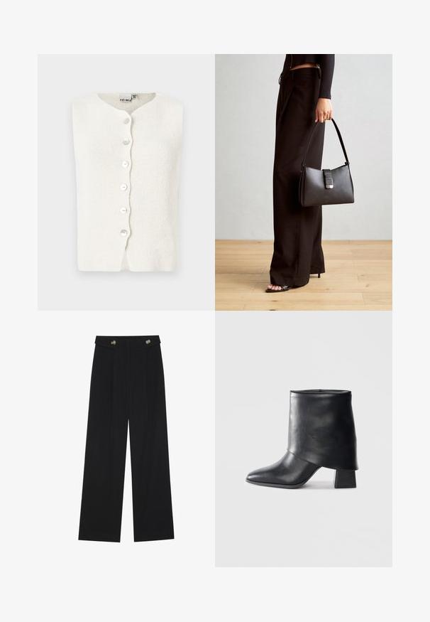 Colete branco de malha com decote redondo, apresentando cinco botões na parte da frente e uma superfície texturizada. Sem mangas nem costuras visíveis.; Top preto de mangas longas com punhos largos, textura suave e um corte descontraído, com um simples decote redondo.; Calças largas pretas com cintura alta, detalhes em botão na cintura e pregas frontais.; Bota de tornozelo em couro preto com bico afilado, textura suave e um salto bloco estruturado. Apresenta um design de cano alto e dobrado.; Bolsa preta com forma estruturada, textura suave e um fecho metálico. Combinada com calças largas pretas e sandálias de salto aberto sobre um chão de madeira.