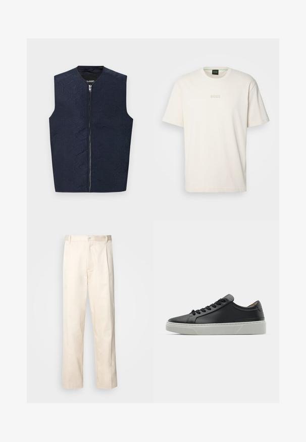Mornarska brezrokavnik z zapletenim geometrijskim vzorcem, ki ima visok ovratnik in sprednji zadrgo. Narejen iz teksturirane tkanine, lahkoten in brezrokaven.; BOSS TEE - Navadna majica - open white; Bež cottone hlače s ravnim krojem, ki imajo gumbasto zapiranje in nabore spredaj za dodatne detajle.; Črne usnjene teniske z gladko teksturo, okroglo konico in črnimi vezalkami. Imajo debel bel gumijast podplat s subtilnimi geometrijskimi poudarki.
