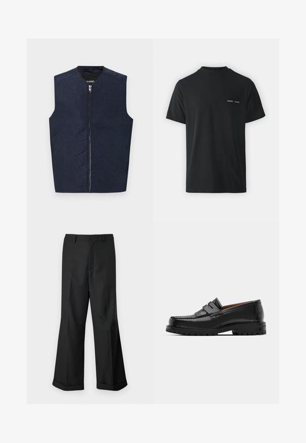 Jūrinis liemenė su sudėtingu geometriniu raštu, pasižyminti aukšta apykakle ir priekiniais užtrauktukais. Pagaminta iš tekstūrinės medžiagos, lengva ir be rankovių.; Juodas medvilnės marškinėliai su klasikinėmis apvalios apykaklės, trumpomis rankovėmis ir dviem mažais baltais "SAMSØE" logotipais ant kairiojo krūtinės.; Juodos plačios kelnės su mygtukų juosmeniu ir raukšlėmis, eksponuojamos prieš paprastą baltą foną.; Juodi odiniai loafersai pasižymi pakelta siūle, dviem dekoratyviais dirželiais ant viršaus ir storu tekstūruotu padu, kad būtų užtikrintas didesnis sukibimas.