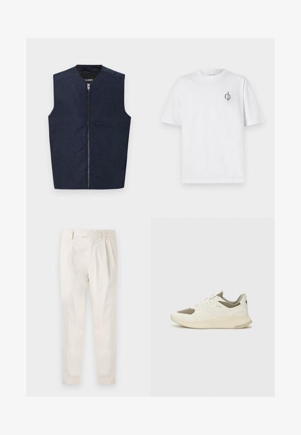 Jūras zils veste ar sarežģītu ģeometrisku rakstu, piedāvā augstu apkakli un priekšējo rāvējslēdzēju. Izgatavota no teksturēta auduma, viegla un bez piedurknēm.; Bāla kokvilnas t-kreklu ar brīvu piegulšanu, kuram uz kreisā krūšu apvidus ir neliels melns grafiskais logotips. Īsas piedurknes, apaļas kakla izgriezums.; Baltas, pleitēts bikses ar piegriezumu, kas pielāgots figūrai, ar gludu tekstūru, jostas cilpām un sašaurinātiem galiem. Nav redzamu kabatu vai rakstu.; Baltas un gaiši bež sporta apavi, ar sieta augšdaļu, perforētiem detaļām un teksturētu vidusdaļu ar zīmolu uz papēža.