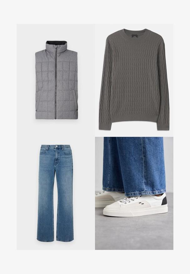 Hallide kootud vest kõrge kraega, esiosa tõmblukuga ja küljetaskutega. Omab tekstuuriga kangast ruudumustriga ja elastseid aktsente.; Armani Exchange Džemper - dark gull zig zag; Laiad sinised teksad, mis on valmistatud denimist ja millel on kulunud viimistlus. Omab viit taskut, ees nööpidega kinnitust ja sirget lõiget.; Valged ja mustad spordijalatsid sileda nahkpealise, tekstuursete aktsentidega ja paksu valge tallaga. Omab klassikalist nööbistamise disaini.