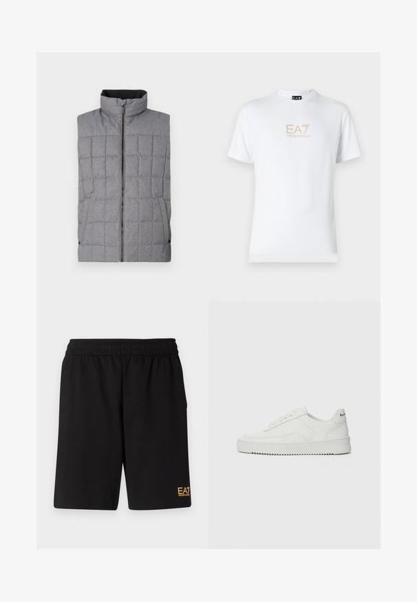 Sivkasta zimska jopica s visokim ovratnikom, prednjim zipom in stranskimi žepi. Ima teksturirano blago z mrežnim vzorcem in elastičnimi akcenti.; Bela bombažna majica s krožnim izrezom in kratkimi rokavi, s pozlačenim logotipom EA7 Emporio Armani natisnjenim spredaj.; Črne športne kratke hlače iz mehkega blaga, z elastičnim pasom in majhnim rumenim logotipom EA7 na spodnjem levem delu noge.; Bela usnjena športna obutev z gladko površino, okroglo prst, ravne vezalke in teksturiran podplat. Ima diskretno logo na peti.