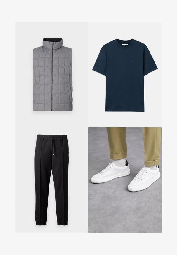 Grau gesteppte Weste mit hohem Kragen, Frontreißverschluss und Seitentaschen. Aus einem strukturierten Stoff mit Karomuster und elastischen Akzenten.; Marineblaue Baumwoll-T-Shirt mit Rundhalsausschnitt, kurzen Ärmeln und einem dezenten Logo auf der Brust. Glatte Textur und klassischer Schnitt.; Schwarze Hose mit einem Bund, Kordelzug und elastischen Bündchen. Sie verfügt über Plissees und einen glatten, strukturierten Stoff.; Weiße Sneakers mit einer strukturierten Lederoberfläche, abgerundeter Zehenpartie und schwarzem Fersenakzent. Gummisohle mit kleinem Profilmuster und genähten Details.