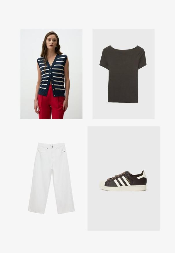 Marineblaue ärmellose Strickjacke mit weißen horizontalen Streifen, V-Ausschnitt und silbernen Knöpfen. Kombiniert mit roten hochgeschnittenen Hosen.; Dunkelgraues Kurzarmoberteil mit Bootsausschnitt. Hergestellt aus geripptem Stoff, mit lockerer Passform und sauberem Saum. Einfaches Design, ohne Muster.; Weiße Jeans im weit geschnittenen Design aus Denim mit hoher Taille, ausgestattet mit fünf Taschen und Metallbeschlägen. Glatte Textur, keine sichtbaren Muster.; Low-Top Adidas Superstar Sneaker aus dunkelbraunem Leder mit cremefarbener Schale an der Spitze, weißen Streifen und dem Schriftzug "Superstar" an der Seite.