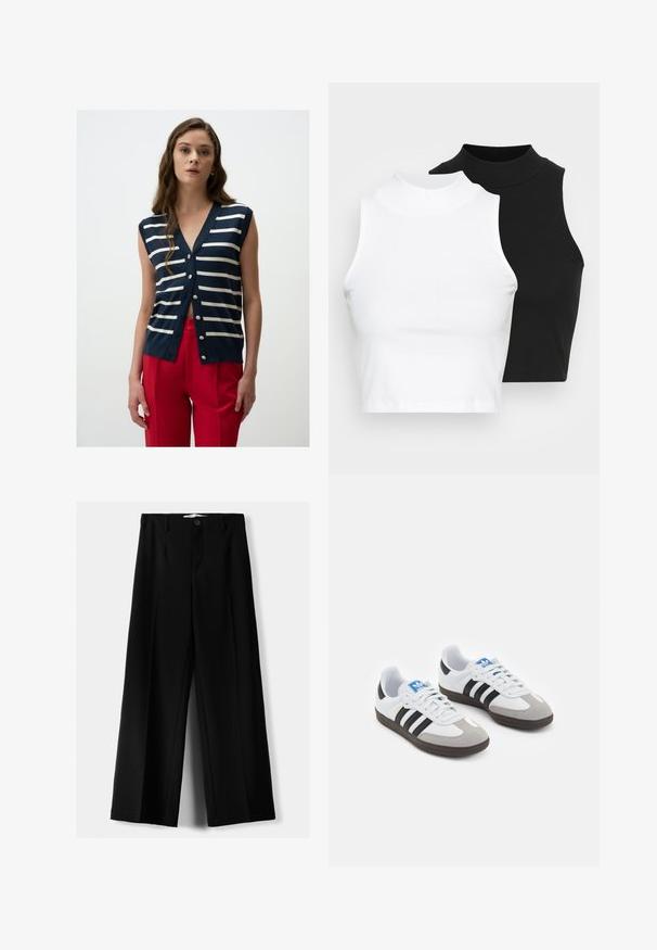 Marineblauwe mouwloze cardigan met witte horizontale strepen, V-hals en zilveren knopen. Gecombineerd met rode hoge broeken.; Twee mouwloze ribgebreide coltruien in zwart en wit, met een slim fit ontwerp en een gladde textuur, met een cropped lengte.; Zwarte wijde broek van lichtgewicht stof, met een knoopsluiting aan de voorkant en een vlakke achterkant, afgewerkt met keurig gestikte zoom.; Sportschoenen met een witte leren bovenkant, grijze suède neus en drie zwarte strepen. Bevat een blauw logo op de tong en een gestructureerde rubberen zool.