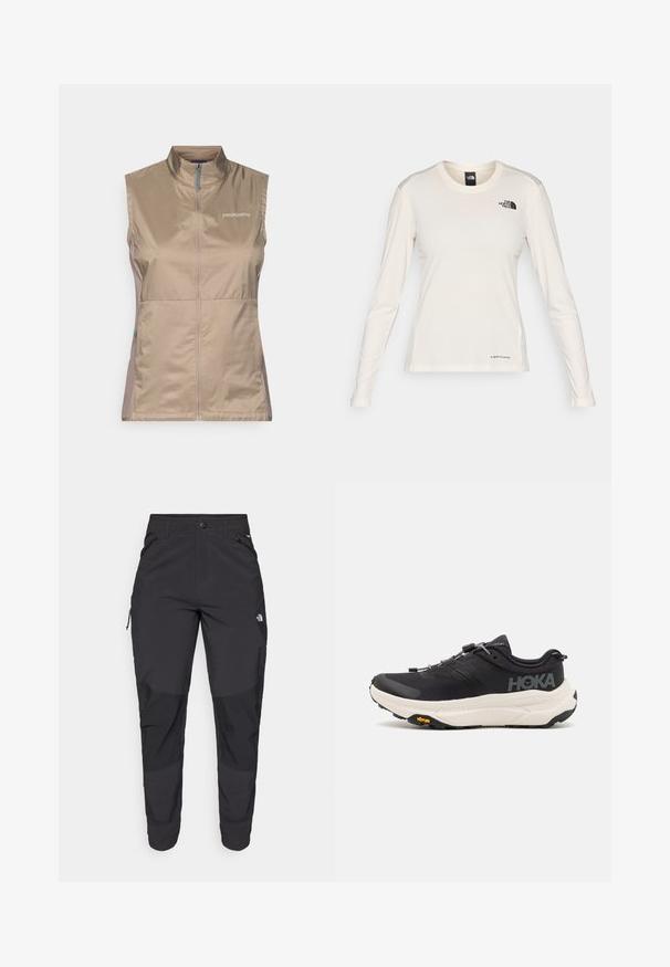Gilet senza maniche color tan con colletto alto, dotato di una cerniera frontale e dettagli blu. Realizzato in tessuto leggero e liscio. Logo Patagonia in evidenza.; The North Face SHADOW LONG SLEEVE - Maglietta a manica lunga - white dune; Pantaloni neri da esterno realizzati in tessuto durevole. Presentano tasche con zip, pannelli rinforzati sulle ginocchia e un design a taglio dritto per la massima mobilità.; Scarpe da ginnastica nere con tomaia in mesh traspirante, suola in gomma, intersuola bianca ammortizzante e lacci riflettenti. Logo Vibram sulla suola.