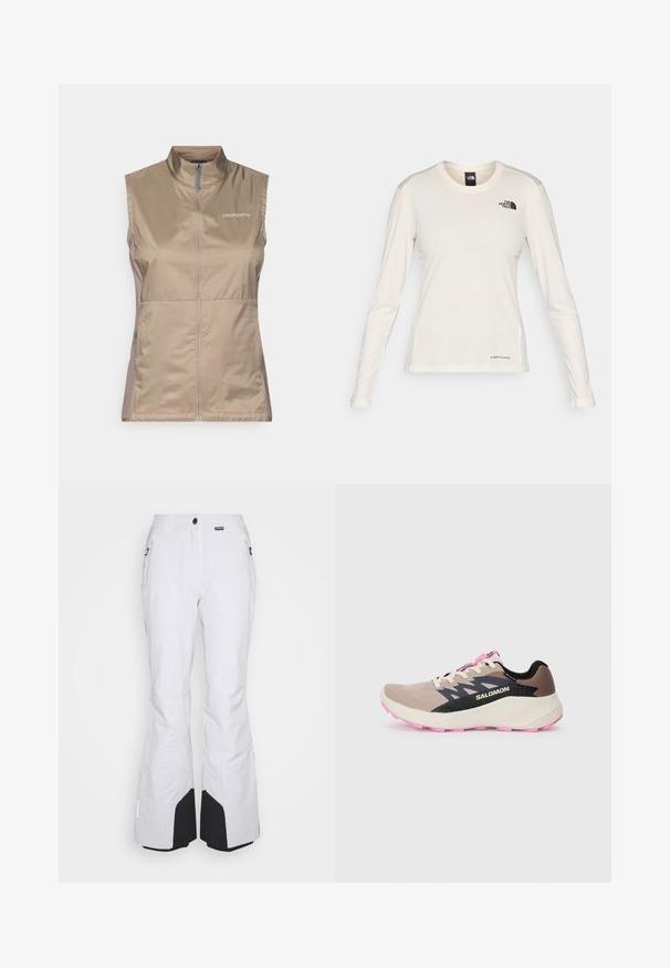 Smėlio spalvos be rankovių liemenė su aukštu apykakle, turinti priekinį užtrauktuką ir mėlynus akcentus. Pagaminta iš lengvos, lygios medžiagos. Užrašas Patagonia matomas.; The North Face SHADOW LONG SLEEVE - Ilgarankovis viršutinės dalies drabužis - white dune; Baltos slidinėjimo kelnes tiesaus kirpimo, pagamintas iš patvarios medžiagos, su užtrauktuku užsegamomis kišenėmis ir juodais akcentais apatinėje kojų dalyje.; Šviesiai rudos ir rožinės spalvų Salomon bėgimo bateliai su juodu logotipu ir dizaino akcentais, kūno spalvos tarpikliu ir rožiniu padu, matomi iš šono ant paprasto fono.