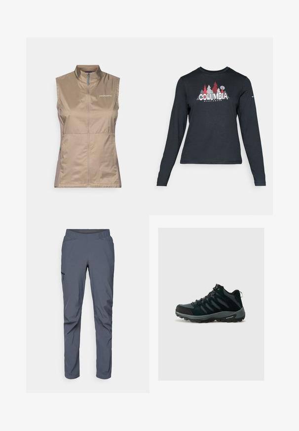 Tan sleeveless vest with a high collar, featuring a front zipper and blue accents. Made from lightweight, smooth fabric. Patagonia logo displayed.; Long-sleeve dark gray shirt with a graphic of red trees and mountains; "COLUMBIA" logo in bold white text. Soft fabric, standard crew neck.; Gray performance pants with an elastic waistband, two front pockets, and a zippered side pocket. Smooth texture and tapered fit.; Columbia REDMOND - Hiking shoes - black/citron haze