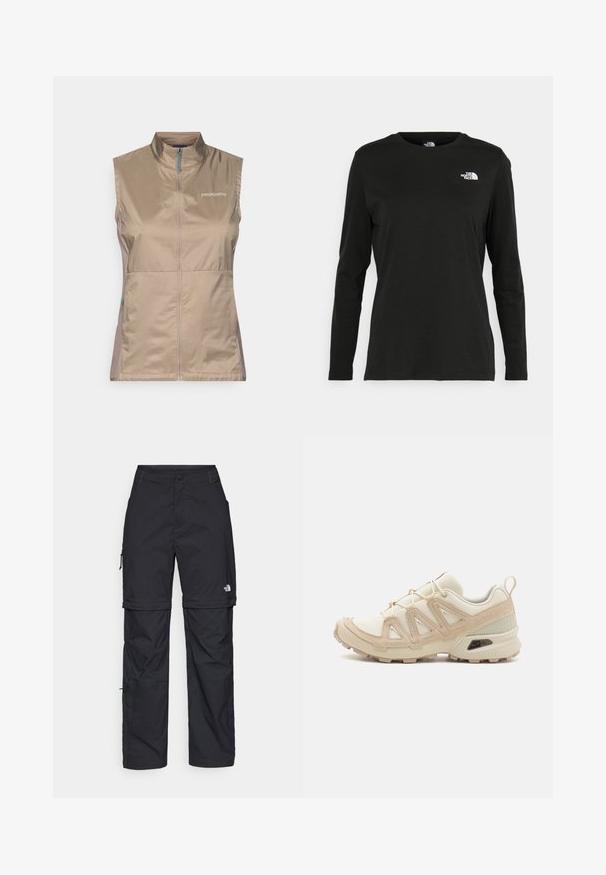 Tan sleeveless vest with a high collar, featuring a front zipper and blue accents. Made from lightweight, smooth fabric. Patagonia logo displayed.; Black long-sleeve t-shirt made of cotton with a round neck. Features a small white logo on the left chest area. Simple design and fit.; Black nylon zip-off cargo trousers with adjustable cuffs, multiple pockets, and a logo on the right leg. Smooth, lightweight texture.; Beige and cream athletic shoe with textured mesh upper, supportive overlays, and rubber outsole featuring a tread pattern for traction.