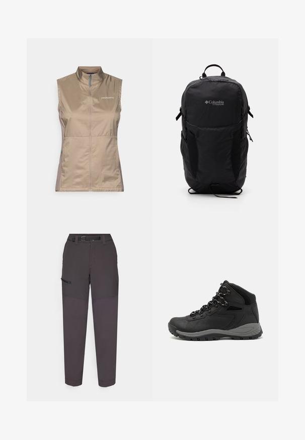 Tan bezrukávový sveter s vysokým golierom, so zipsom na prednej strane a modrými akcentmi. Vyrobený z ľahkej, hladkej tkaniny. Zobrazené logo Patagonia.; Čierne tričko Columbia s bielou kruhovou grafikou hory a rieky a textom "Columbia Sportswear Company vonku od roku 1938."; Tmavošedé cargo nohavice vyrobené z ľahkého materiálu, s odolným pásom, predným zipsom a bočnou kapsou so suchým zipsom.; Čierna turistická obuv s polovičným strihom, s textúrovaným zvrškom, šedými akcentmi a odolnou gumovou podrážkou s protišmykovými hrebienkami.; Čierny batoh Columbia Titanium s hladkou textúrou látky, bočnými vreckami, hornou rukoväťou a nastaviteľnými popruhmi. Minimalistický dizajn s nenápadným brandingom.