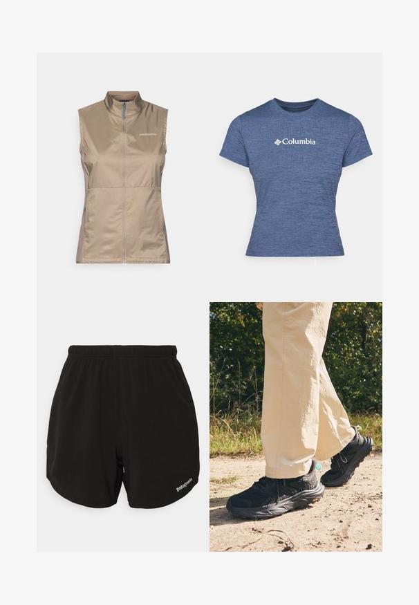 Lysbrun ærmeløs vest med høj krave, der har en frontlynlås og blå detaljer. Fremstillet af let, glat stof. Patagonia-logoet vises.; Blå kortærmet t-shirt lavet af tekstureret stof, med et hvidt Columbia-logo på brystet, rund hals og tætsiddende design.; Sorte træningsshorts med elastisk talje, der har en buet kant, sidelommer og et lille hvidt "Patagonia"-logo nederst til højre.; Sorte vandrestøvler med en struktureret overdel, snørebåndslukning og en tyk sål med et Vibram-logo. Båret med lyse bukser.