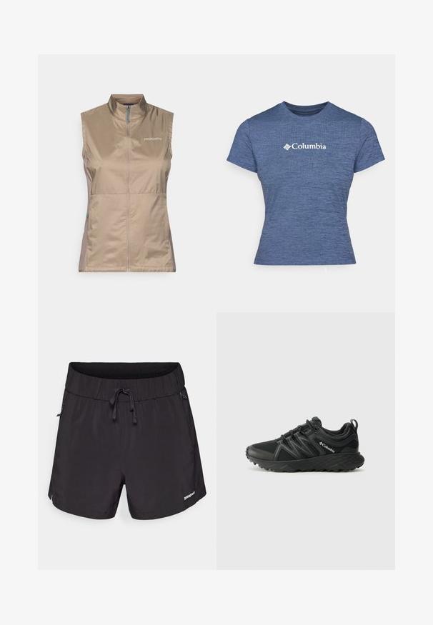 Lysbrun ærmeløs vest med høj krave, der har en frontlynlås og blå detaljer. Fremstillet af let, glat stof. Patagonia-logoet vises.; Blå kortærmet t-shirt lavet af tekstureret stof, med et hvidt Columbia-logo på brystet, rund hals og tætsiddende design.; Sorte svømshorts lavet af letvægtsstof, med elastisk talje, snoretræk og sidelommer for funktionalitet.; Columbia PEAKFREAK - Hikingsko - black