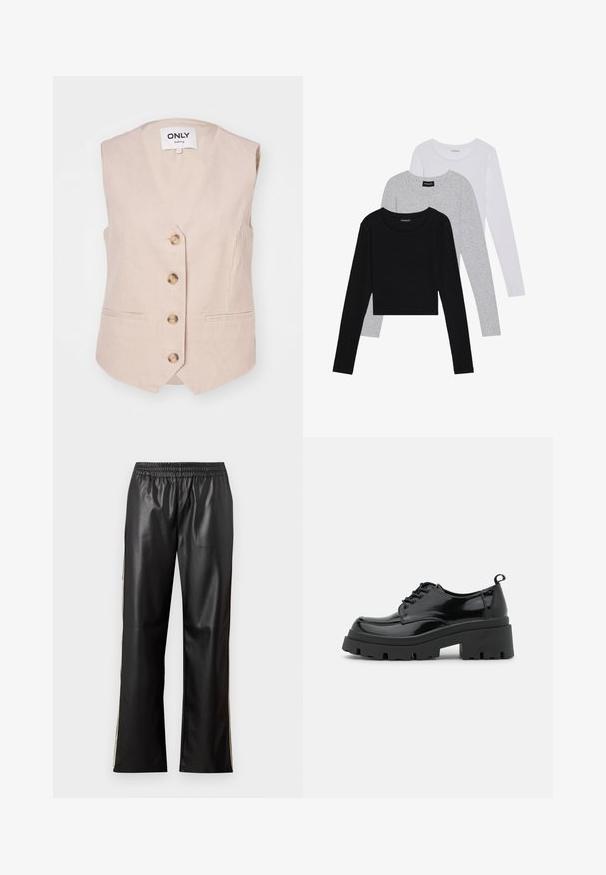 Colete de veludo cotelê beige com um design em V, cinco botões dourados na frente e dois bolsos laterais. Textura suave com padrão em nervuras.; Três camisetas de manga longa empilhadas: preta, cinza e branca. Cada uma tem um decote redondo e um design cropped, feitas de um tecido leve e suave.; Calças pretas de imitação de couro com uma cintura elástica, design de perna reta e riscas laterais contrastantes. Textura suave e estilo minimalista.; Sapatos pretos deverniz com uma sola de plataforma chunky e cadarços grossos. Bico arredondado, detalhes mínimos e uma pequena aba no calcanhar.