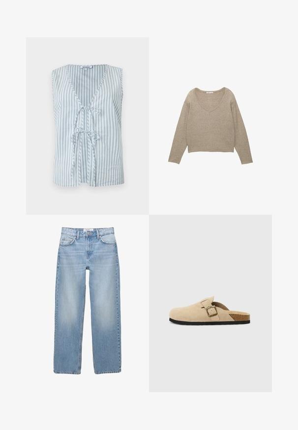 Bezramenný bavlněný top s V-výstřihem, vertikálními modro-bílými pruhy a předním uvázáním, který nabízí uvolněný střih.; Svetr s výstřihem do V v světlé béžové barvě, s dlouhými rukávy a zkráceným střihem; vyrobený z měkké, strukturované tkaniny s uvolněným střihem.; Světle modré denimové džíny se střihnutím rovného nohavice, v pěti kapsách a viditelnými švy. Materiál je měkký a má jemně vybledlý vzhled.; Béžové semišové klouzavé dřeváky s korkovou stélkou, zaoblenou špičkou a jednoduchým páskem s kovovou sponou v zlatém tónu. Gumová podrážka pro lepší přilnavost.