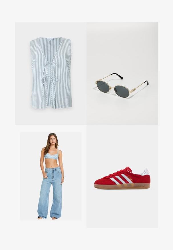 Ärmlös bomullstopp med V-ringning, vertikala blå och vita ränder samt en knytning framtill, som ger en avslappnad passform.; Vit långärmad skjorta med knappar i bomull, med en klassisk krage, diskret logga på bröstet och gula knappar.; Ljusblå blommönstrad bralette i kombination med vida ljusblå denimjeans. Bekväm passform med en avslappnad silhuett och klassisk knäppning.; Röd mocka sneaker med vitt tre-stripes mönster och guld "Gazelle" text. Har en gumminocke och texturerad häl.; Guldmetallsolglasögon med ovala linser och mörkfärgade linser. Svarta acetattrutar på skalmarna. Varumärket "QUAY" på sidan.