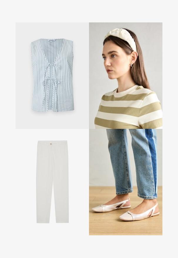 Top en coton sans manches présentant un col en V, des rayures verticales bleu et blanc, et un détail de nœud à l'avant, offrant une coupe décontractée.; T-shirt blanc à manches courtes en coton doux. Présente un col rond et une coupe décontractée. Design épuré sans motifs ni accents visibles.; Pantalon blanc sur mesure avec une coupe droite, doté d'une fermeture à bouton, de passants de ceinture et de poches latérales ; texture de tissu lisse.; Ballerines slingback rose pâle avec un bout pointu, fabriquées en un matériau semblable au cuir lisse. Présentent des découpes sur les côtés et un talon plat.; Un bandeau en créme rembourré avec un design torsadé, associé à une chemise rayée beige et blanche à col rond. Accent de bijoux discrets.