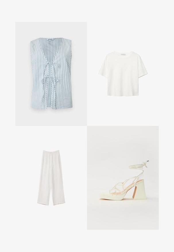Top en coton sans manches présentant un col en V, des rayures verticales bleu et blanc, et un détail de nœud à l'avant, offrant une coupe décontractée.; T-shirt blanc à manches courtes en coton. Doté d'un col ras du cou et d'une coupe décontractée. Texture lisse sans motifs ni accents visibles.; Pantalons larges blancs en tissu léger. Dotés d'une taille élastique avec cordon de serrage et de poches latérales. Texture lisse.; Sandale blanche à talons hauts avec un talon épais, présentant un design à lanières et un lien autour de la cheville. Texture lisse avec une plateforme à l'avant pour une hauteur supplémentaire.