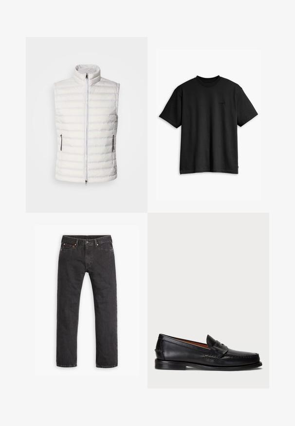 White puffer vest with a high collar, vertical stitching, front zipper, and two side pockets, featuring a sleek, smooth texture.; Black cotton t-shirt with a crew neck and short sleeves. Features a subtle front logo and a straight hemline. Simple and minimalistic design.; Black straight-leg denim jeans with five pockets, button closure, and copper rivets laid flat on a white background.; Black leather loafer with a rounded toe, stitched detailing, and a decorative strap across the front. Flat sole with minimal profile.