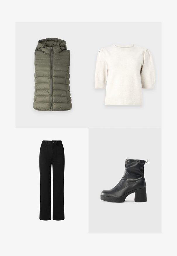 Zöld olaj színű párnázott mellény, kapucnival, elülső cipzárral és vízszintes varratokkal. Sima textúra, finom fényességgel.; Krém színű, rövidujjú pulóver puha kötött anyagból, kerek nyakkal, puffos vállakkal, valamint bordás szegéllyel és ujjvégekkel.; Fekete, magas derekú nadrág, egyenes lábformával, sima pamutszövetből készült. Elöl zsebekkel és egyszerű fémből készült gombos záródással rendelkezik.; Fekete bokacsizmák sima bőrből, oldalsó cipzárral, vastag, texturált sarkú és lekerekített orrú dizájnnal.
