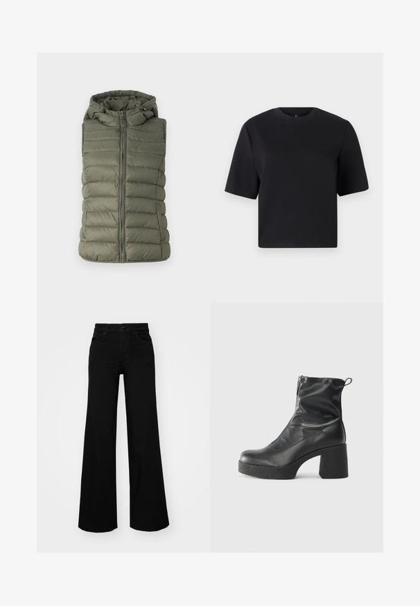Padded prsluk u maslinasto zelenoj boji, s kapuljačom, prednjim patentnim zatvaračem i horizontalnim šavovima. Glatka tekstura s suptilnim sjajem.; Crna majica s kratkim rukavima, okrugli izrez, izrađena od glatke pamučne tkanine; ležeran kroj, minimalni dizajn, bez vidljivih uzoraka ili akcenata.; Crne široke traperice s čvrstim pojasom, petljama za remen i prednjim džepovima. Gladak teksturirani materijal s klasičnim dizajnom.; Crne gležnjače od glatke kože, s bočnim zatvaračem, debelim teksturiranim potplatom i dizajnom s zaobljenim prstima.