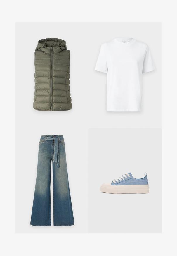 Vadderad väst i olivgrön, med huva, framdragkedja och horisontell sömnad. Slät textur med en subtil lyster.; Vit bomulls-t-shirt med rund hals och korta ärmar, med en slät textur. Designad med en avslappnad passform för komfort och mångsidighet.; Breda denimbyxor med en ljus till mörkblå gradient, hög midja, bälteshällor och ett matchande tygbälte. Texturerad denimfinish.; Ljusblå canvas sneakers med en krämfärgad gummitå och yttersula, som har vita snören och en dragflik på hälen.