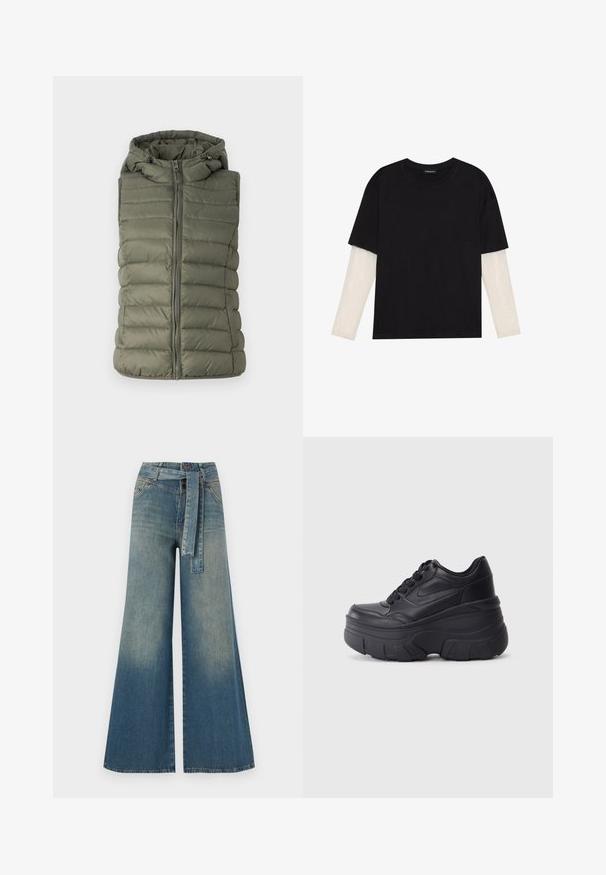 Gepolsterte Weste in Olivgrün, mit Kapuze, Frontreißverschluss und horizontalen Nähten. Glatte Textur mit subtiler Schattierung.; Schwarzes T-Shirt aus Baumwolle mit kurzen Ärmeln über einer weißen Langarmschicht, die ein dezentes strukturiertes Muster aufweist. Rundhalsausschnitt.; Weit geschnittene Denim-Hosen mit einem Farbverlauf von hellblau zu dunkelblau, hoher Taille, Gürtelschlaufen und einem passenden Stoffgürtel. Strukturierte Denim-Oberfläche.; Schwarze Schnürsneaker mit einer klobigen Sohle, ausgestattet mit einem glatten Leder-Obermaterial, runder Zehenpartie und markantem, geschichteten Plattformdesign.