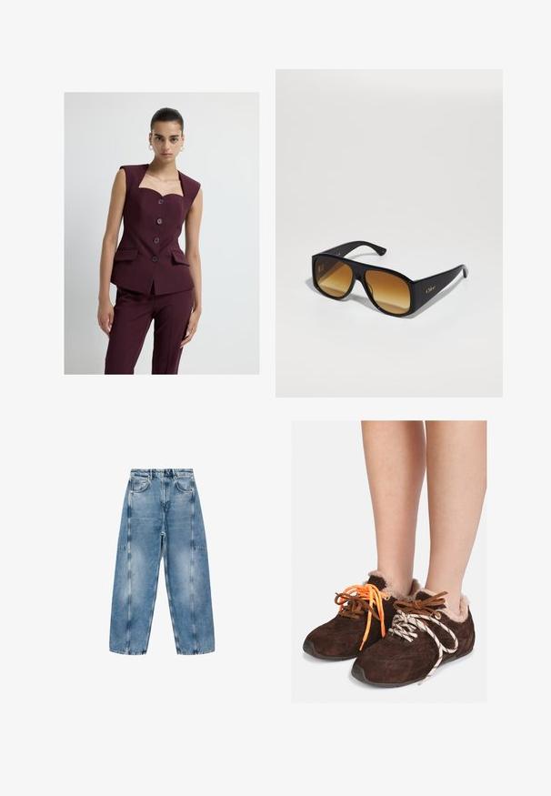 Burgundy tailored suit with a square neckline, short sleeves, five buttons, and side pockets; structured fabric with a smooth texture.; Gray cropped sweater made from soft, fuzzy material. Features long sleeves and a round neckline, with a smooth, lightweight texture.; White short-sleeve T-shirt made of soft cotton, featuring a round neckline and a relaxed fit with rolled hem details. No patterns or accents.; Light blue denim jeans feature a relaxed fit, large pockets, and contrasting stitching. The fabric has a faded finish with a smooth texture.; Brown suede slip-on shoes with fur lining worn on bare feet, featuring mismatched laces: one orange and one white with black stripes.; Black rectangular sunglasses with brown gradient lenses. Made of plastic, featuring a smooth surface and a subtle gold logo on the temple.