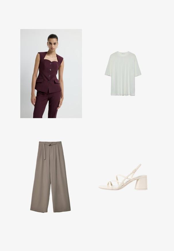 Burgunderfarbener Anzug mit eckigem Ausschnitt, kurzen Ärmeln, fünf Knöpfen und seitlichen Taschen; strukturierter Stoff mit glatter Textur.; Weißes Kurzarm-T-Shirt, runder Halsausschnitt, weicher Baumwollmischstoff, lockere Passform, nahtsaum, minimalistisches Design ohne Verzierungen.; Weite Hose aus einem weichen, gedämpften grauen Stoff, mit einem taillierten Bund und Falten für zusätzliche Design-Details. Glatte Textur, keine Muster.; Beige Riemchen-High Heels mit einer abgerundeten offenen Zehenpartie und einem mittelhohen Blockabsatz. Mit verstellbarem Knöchelriemen und glatter, glänzender Oberfläche.