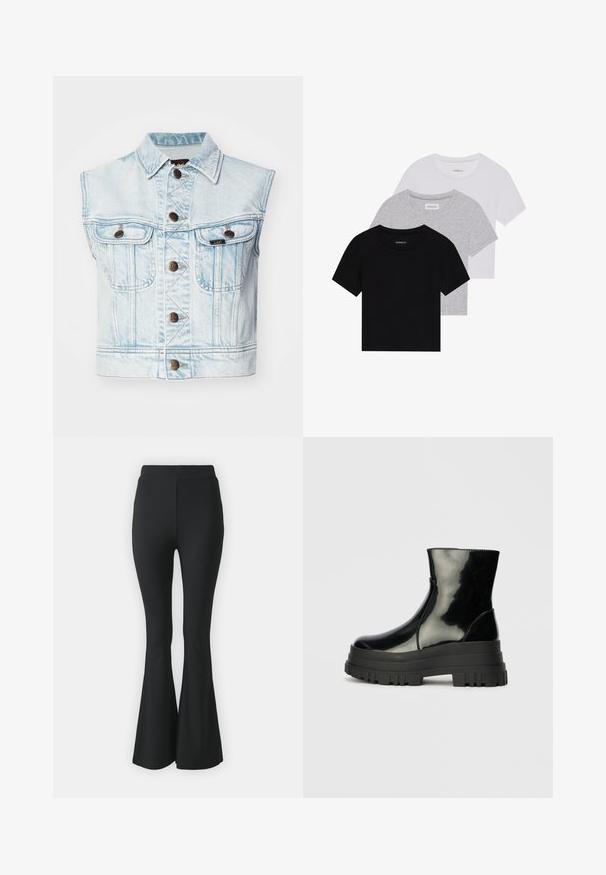 Svijetloplavi traper bez rukava s ovratnikom, dva džepa na prsima, smešnim dugmadima i vidljivim šavnim detaljima.; Set od tri majice kratkih rukava u crnoj, sivoj i bijeloj boji. Izrađene od pamuka, s okruglim izrezom i jednostavnim, jednobojnim dizajnom.; Crne traperice sa širokim nogavicama izrađene od rastezljivog materijala. Imaju visok struk i glatki, prilagođeni dizajn koji se širi od koljena prema dolje.; Crna sjajna čizma do ankleta s debelim zupčastim potplatom i zaobljenim vrhom, bočni pogled na jednostavnoj svijetlosivoj pozadini.